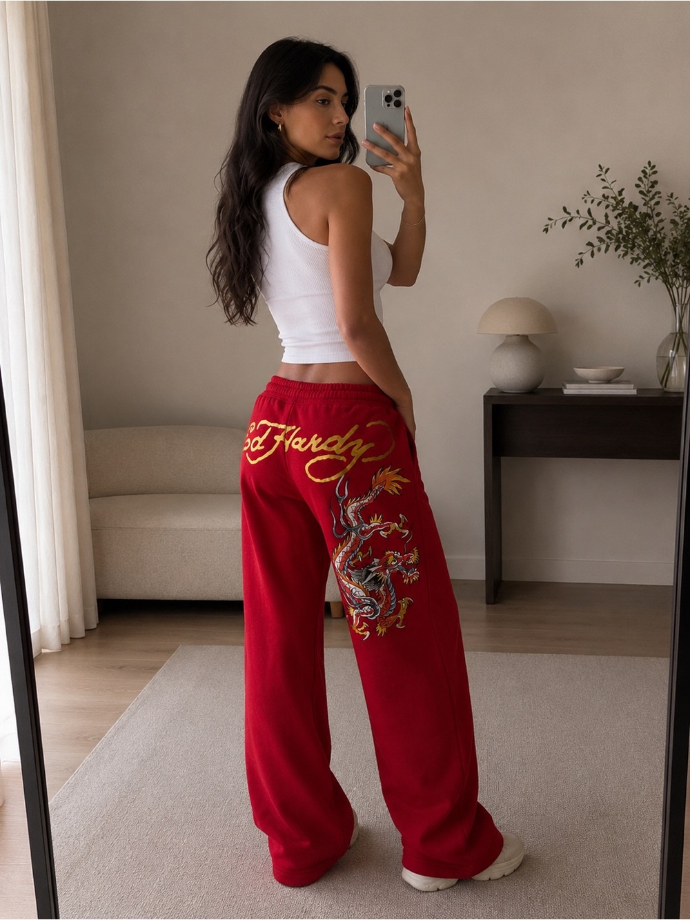 Ed Hardy Y2K Streetwear Dragon Graphic Sweatpants Red Size S Joggers